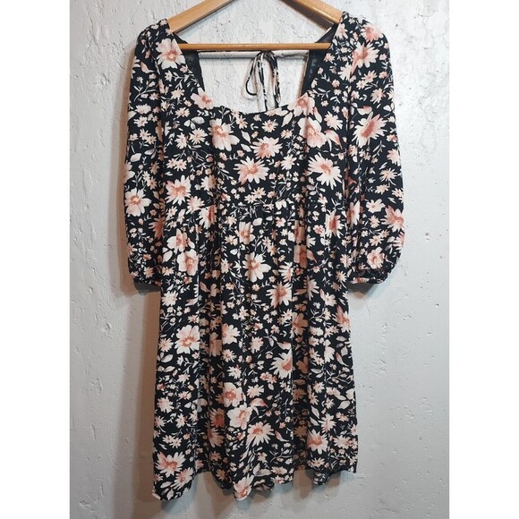 American Eagle Babydoll Dress Mini Short Tie Back Puff‎ Sleeve Black Floral S - Picture 1 of 9